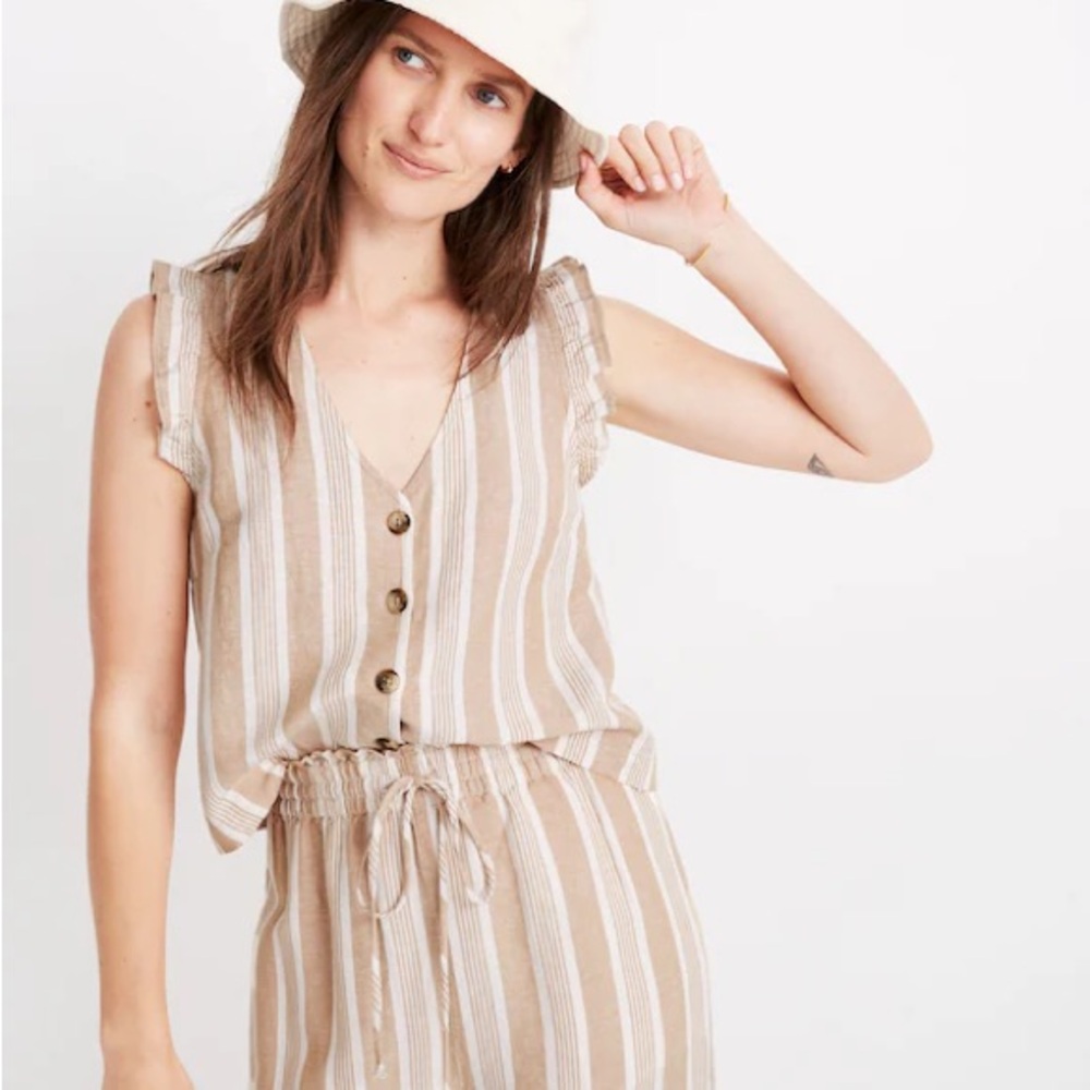 Madewell Linen-Blend Ruffle Button-Front Tank in Stripe
